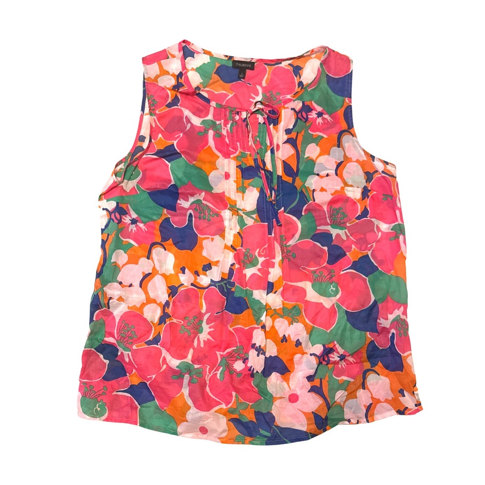 Talbots Womens Large Floral Sleeveless Pintuck Split Neck Tie Blouse Multicolor